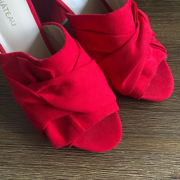 Red Block Heel Mules with Peep Toe - Picture 2 of 7